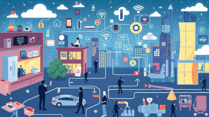 تصویری از اینترنت اشیاء (IoT) شامل خانههای هوشمند، دستگاههای متصل و تحول فناوری